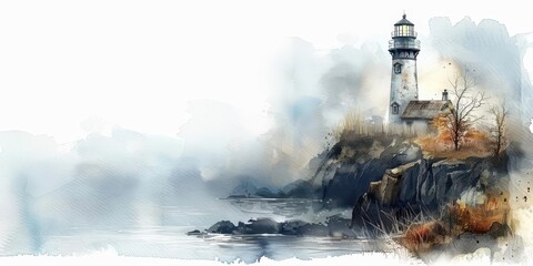 Naklejka na meble A watercolor painting of an old wooden lighthouse on a cliff, overlooking a foggy sea, handdrawn on a white background, using muted earth tones for a nursery theme, PNG dicut