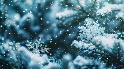 Close-up shot of unique snowflake patterns on a tree branch, perfect for winter or seasonal designs