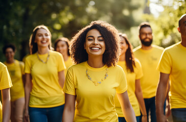 Group of volunteers walking together in yellow shirts, showcasing community spirit and teamwork.