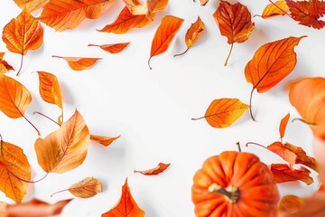 Wall Mural - pumpkin and fall leaves on a white background