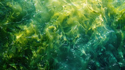 Wall Mural - Vivid underwater view of green seaweed in motion with bubble details in clear ocean water