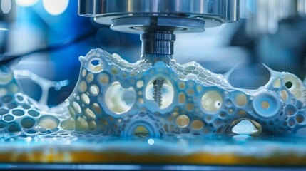 Poster - 3D Printed Object Being Processed by a CNC Machine - A close-up of a 3D printed object being processed by a CNC machine. The machine is in the background, with the object in the foreground. The object