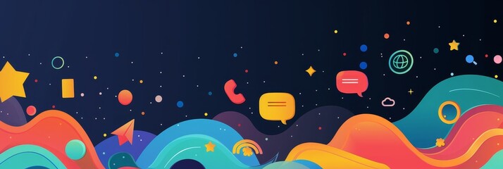 Poster - abstract colorful waves with icons - a vibrant abstract design featuring colorful waves, stars, and 