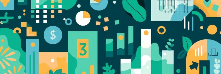 Poster - Abstract Design with Charts and Plants - Abstract design featuring colorful geometric shapes, charts, graphs, and plants. The design represents business, finance, and data analytics. - Abstract design