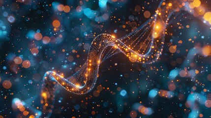 Abstract DNA Helix with Glowing Particles - A 3D rendering of a DNA helix made up of glowing particles. The helix is set against a dark background with a scattering of blue and orange bokeh lights. - 