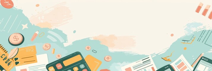 Poster - Abstract Financial Illustration with Calculator, Documents, and Coins - A colorful abstract illustration depicting various business and financial elements including a calculator, documents, coins, and