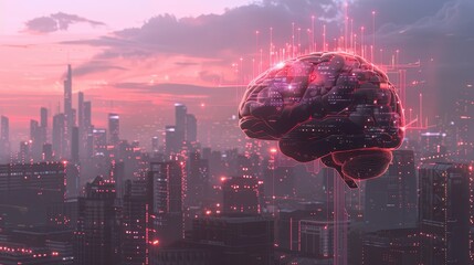 Poster - Artificial Intelligence Over Cityscape - A stylized digital illustration depicting a brain with glowing circuitry and data streams, against a backdrop of a futuristic city skyline. - A stylized digita