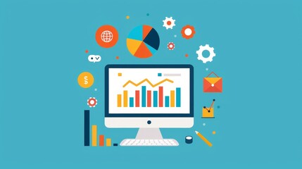 Poster - Business Analytics and Growth Illustration - An illustration depicting business analytics and growth with icons, charts, and graphs. - An illustration depicting business analytics and growth with icon