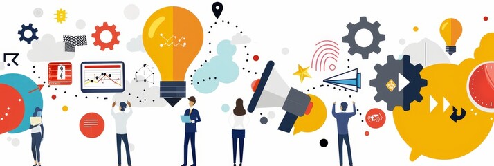 Poster - Business Strategy and Innovation Illustration - Illustration depicting a business team working together to develop a strategy and achieve success. The image incorporates elements of innovation, collab