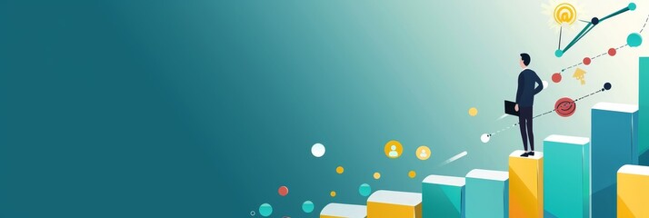Poster - Businessman on top of a graph with connecting dots and lines. - A businessman stands at the top of a rising bar graph, representing success and growth in business. - A businessman stands at the top of