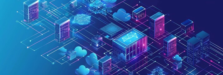 Poster - Cloud Computing and Data Network - A digital illustration depicting the interconnected world of cloud computing and data networks, highlighting servers, data storage, and connectivity. - A digital ill