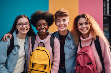 A group of happy teenage friends with backpacks smiling together against a vibrant, colorful wall