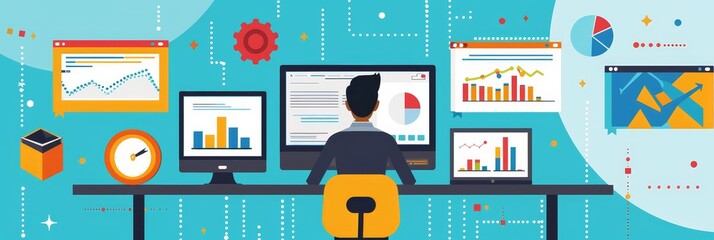 Poster - data analysis: business intelligence and data visualization - a man sits in front of a computer, ana