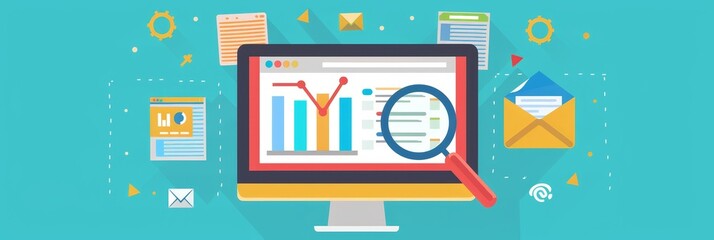 Poster - Digital Marketing Analytics & Research Illustration - A computer screen showing a graph with a magnifying glass on top, symbolizing data analysis and research in digital marketing. - A computer screen
