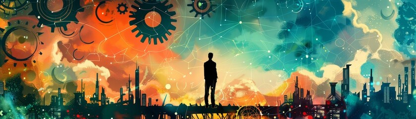 Poster - Futuristic Cityscape and a Lone Man - A digital art illustration depicting a lone man standing on a rooftop overlooking a futuristic cityscape, with a vibrant and colorful sky filled with abstract sha