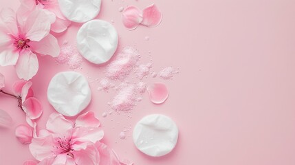 Wall Mural - Using micellar water and cotton pads to remove makeup and sebum from the skin with a beauty concept on a pink background for flat lay photography