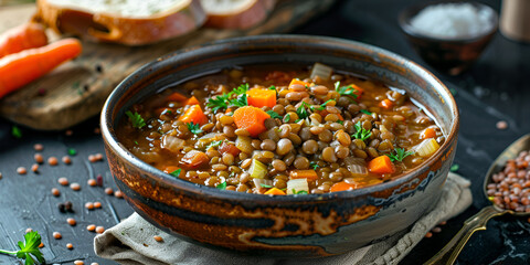 A hearty and comforting bowl of lentil soup made with carrots, celery, onions, and tomatoes, seasoned with herbs and spices