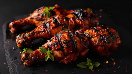 Perfectly grilled, spicy chicken legs against a dark backdrop