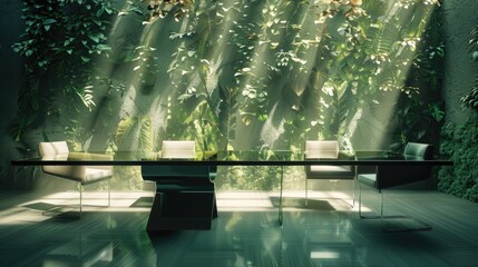 A minimalist dining room with a sleek glass table, surrounded by designer chairs and a wall of vertical foliage