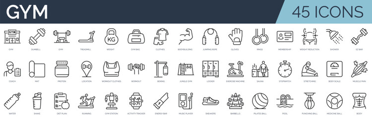 Set of 45 outline icons related to gym. Linear icon collection. Editable stroke. Vector illustration