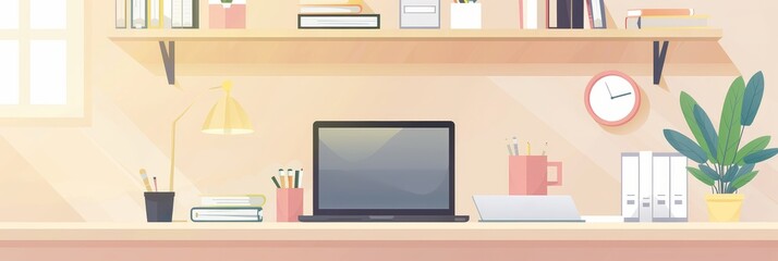 Poster - Modern Home Office Desk Workspace - A modern home office workspace with a laptop, desk lamp, notebook, and a potted plant, a cup, a shelf with books and folders, a clock on the wall, all set up on a d