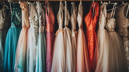 Elegant Evening Dresses Collection Hanging in Closet