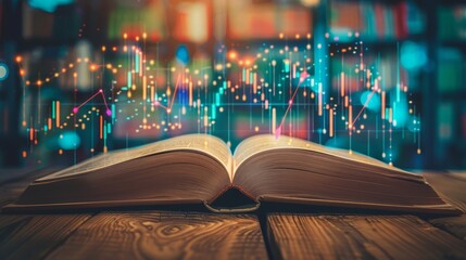 Poster - Open Book with Financial Charts - An open book with glowing financial charts in the background, symbolizing knowledge and financial growth. - An open book with glowing financial charts in the backgrou