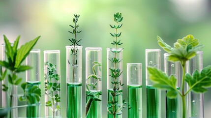 Wall Mural - Closeup of test tubes in laboratory with various plants blank area for text