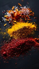 Wall Mural - A close-up image of bright yellow curry powder, deep red annatto, and orange saffron spices against a dark black background.