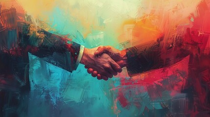 Wall Mural - Colorful abstract painting of handshake businessmen 2D illustration. Vibrant hues of red, blue and orange flat cartoon image scene. Shaking hands suit. Professional deal wallpaper art