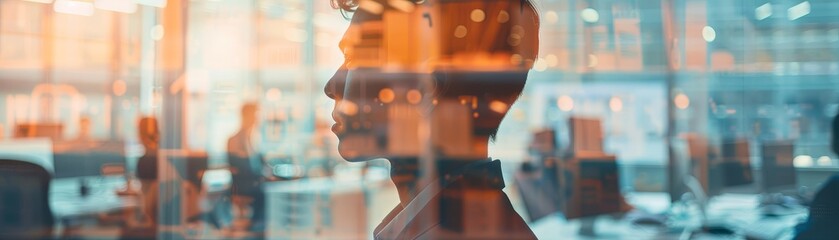 Wall Mural - Silhouette of a Man Looking Out a Window in a Modern Office - A silhouette of a man looking out a window in a modern office. The reflection of the office is visible in the glass, creating a layered ef