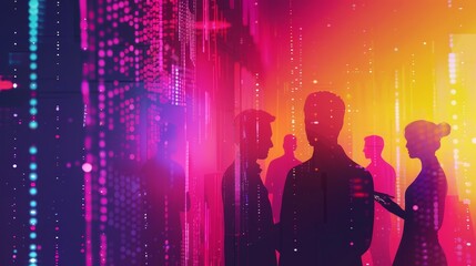 Poster - Silhouettes of People in a Digital World - Silhouettes of people in an abstract digital world with glowing colors, lines and shapes. - Silhouettes of people in an abstract digital world with glowing c