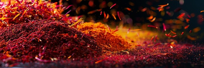 Poster - A close-up view of vibrant saffron, curry powder, and annatto spices arranged on a black surface.