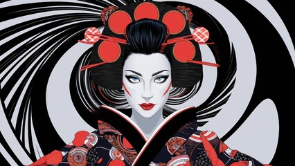 Poster - A woman with a geisha costume and red hair in an abstract design, AI