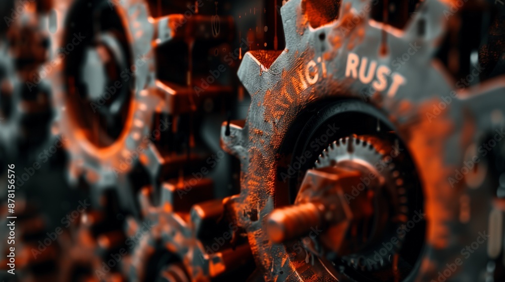 Rust programming language concept with rusty interconnected gears ...