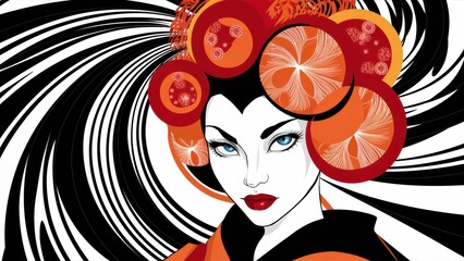 Wall Mural - A woman with orange hair and a black background, AI