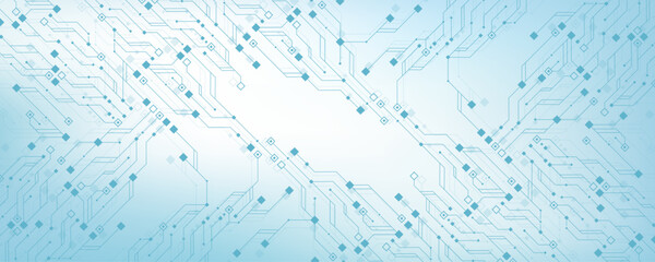 Leinwandbilder - Artificial Intelligence or machine learning vector design. Quantum computer technology concept with circuit board and motherboard texture background design. Waves flow quantum explosion