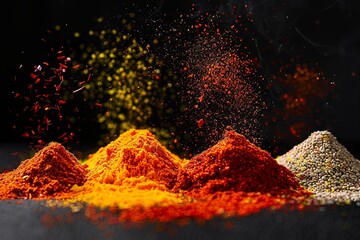 Poster - A close-up shot of various colorful spices like saffron, curry powder, and annatto arranged on a black background.