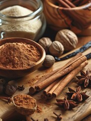 Poster - A close-up image of cinnamon sticks, nutmeg, cloves, and vanilla pods arranged on a kitchen countertop.