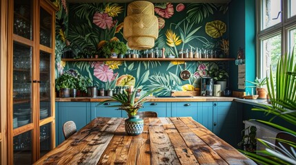 A vibrant dining area with a tropical-themed wallpaper and a teak wood table