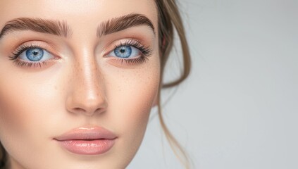 Close-up portrait of a woman’s face. Ideal for beauty and skincare concepts. She has smooth skin and well-groomed eyebrows. Isolated plain background with copy space