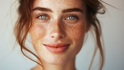 A beautiful woman with brown hair and freckles Beautiful young woman with flawless skin. Portrait of a beautiful model wearing natural nude makeup. Spa, skincare, and wellbeing. White background