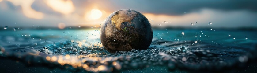 stunning globe floating on ocean waves at sunset with dramatic sky in background