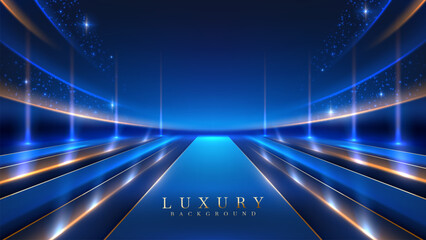 Wall Mural - bright blue runway with light streaks and stars, ideal for presentations, award ceremony events, and