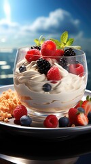 Canvas Print - a glass bowl of yogurt with raspberries and a strawberries.