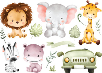 Watercolor Illustration Set of Safari Animals