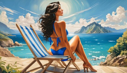 Poster - brunette woman wearing blue bikini sunbathing and relaxing on the beach