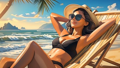 Poster - brunette woman wearing black bikini and a white hat sunbathing and relaxing on the beach