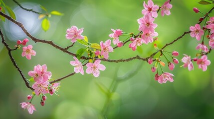 Poster - Japanese cherry blossom branch with pink flowers against green backdrop in spring outdoor setting