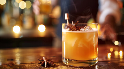 close-up to a autumn warming vanilla cinnamon maple whiskey sour cocktail on wooden table with soft 